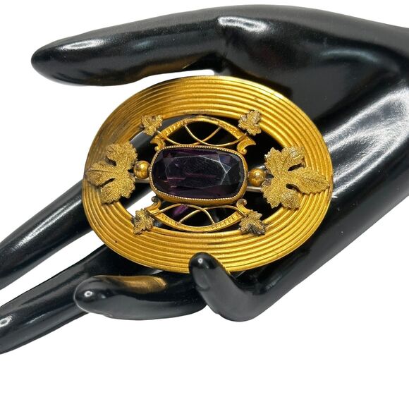 Art Nouveau Sash Pin Brooch Autumn Leaf design Amethyst Glass George L Paine Co - Picture 7 of 16